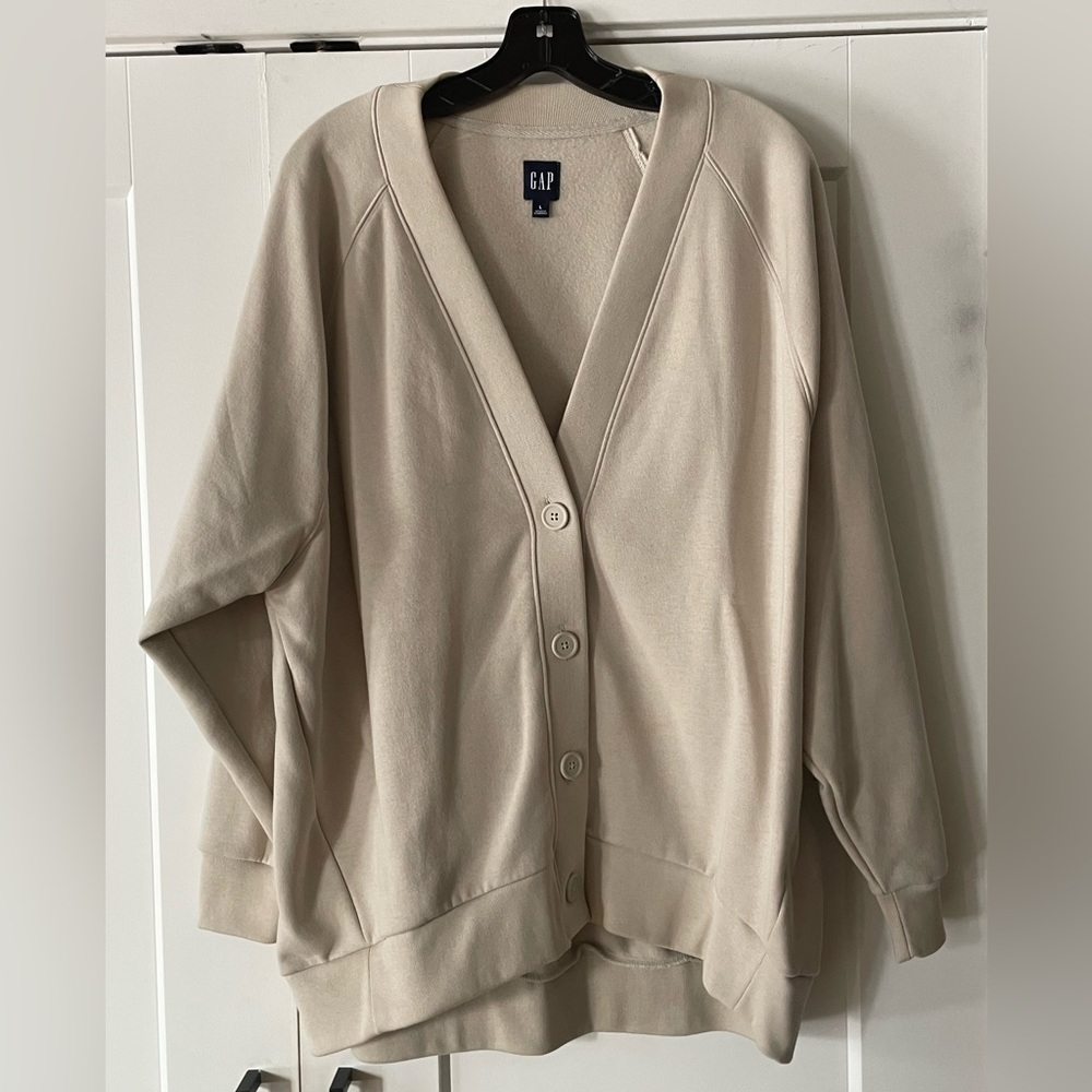 🤍 GAP Oatmeal Button-Up V-Neck Cardigan – Women’s L 🤍